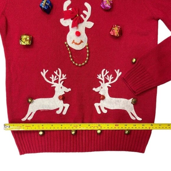 UGLY CHRISTMAS SWEATER Women's Small Red‎ Sweater Embellished Crew Neck Bells - Picture 12 of 14